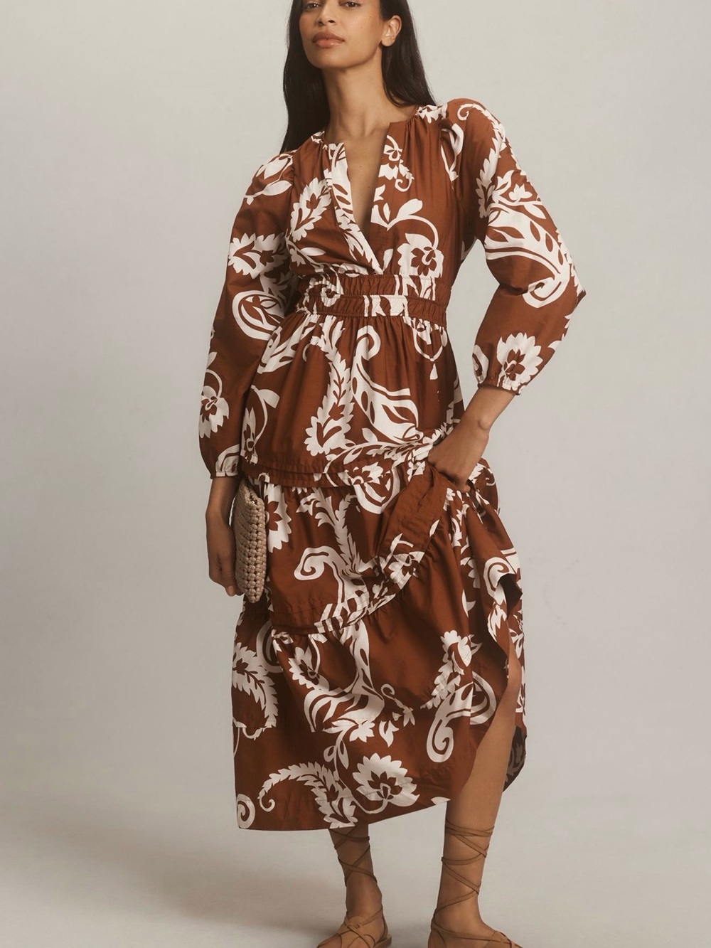 ANTHROPOLOGIE Somerset Brown & White Floral Tiered Long Sleeve Poplin Edition